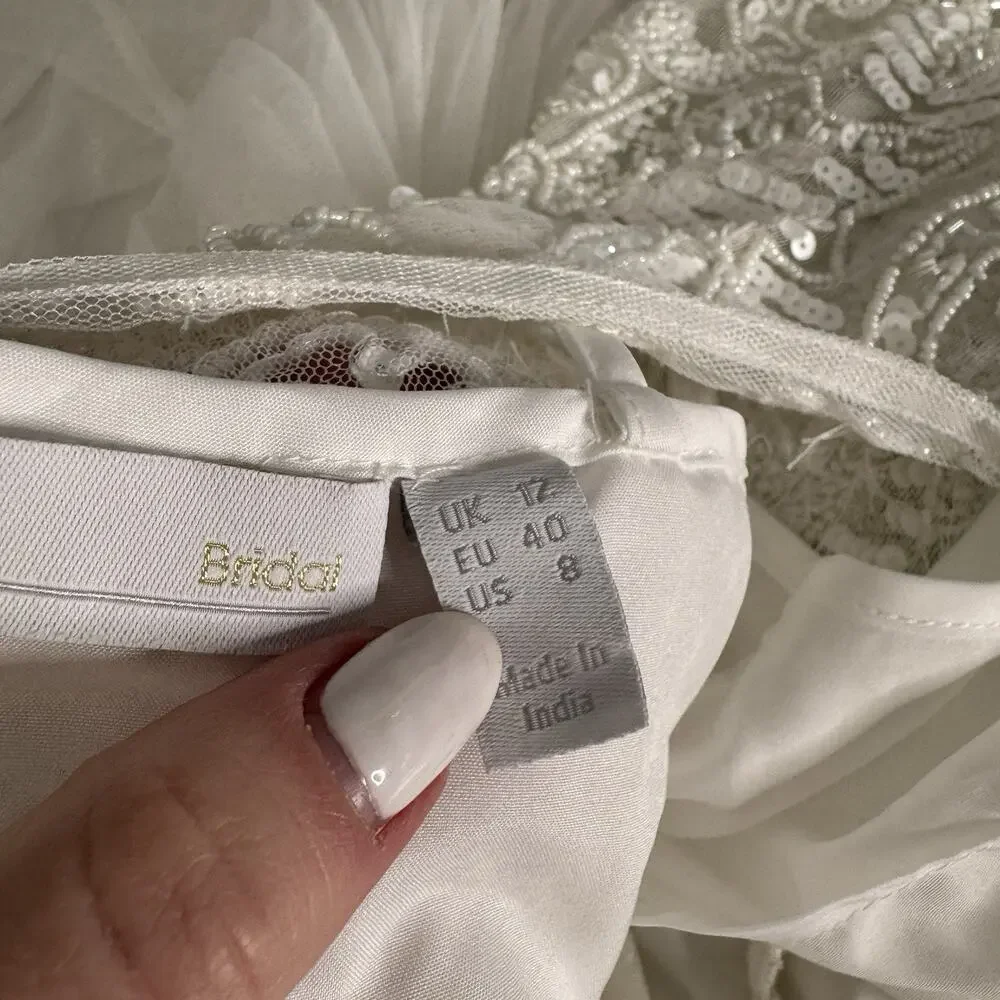 ASOS Bridal Elizabeth Long Sleeve Wedding Dress Womens 8 White Beaded Tulle Gown - Picture 8 of 14